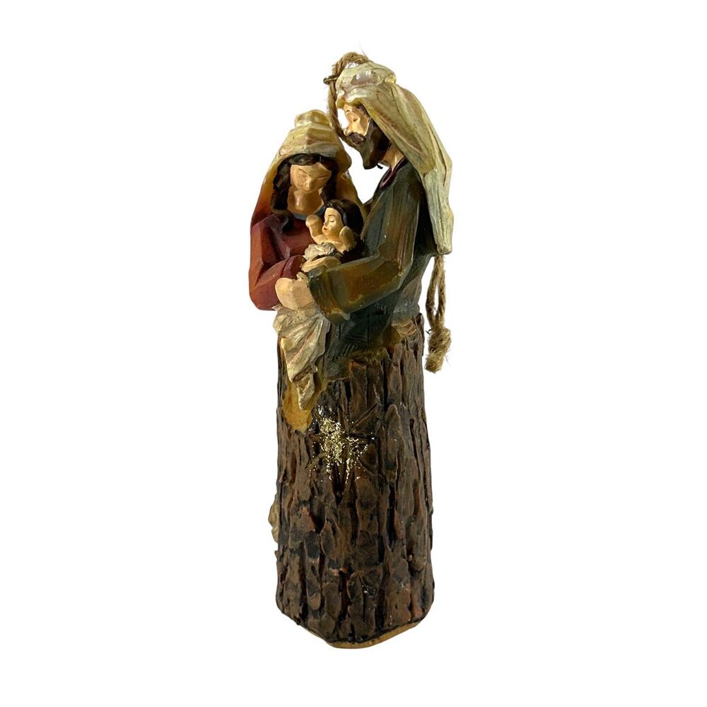 Vintage Style Holy Family Nativity Ornament 5” Resin Rustic Tree Bark Christmas - Picture 5 of 7